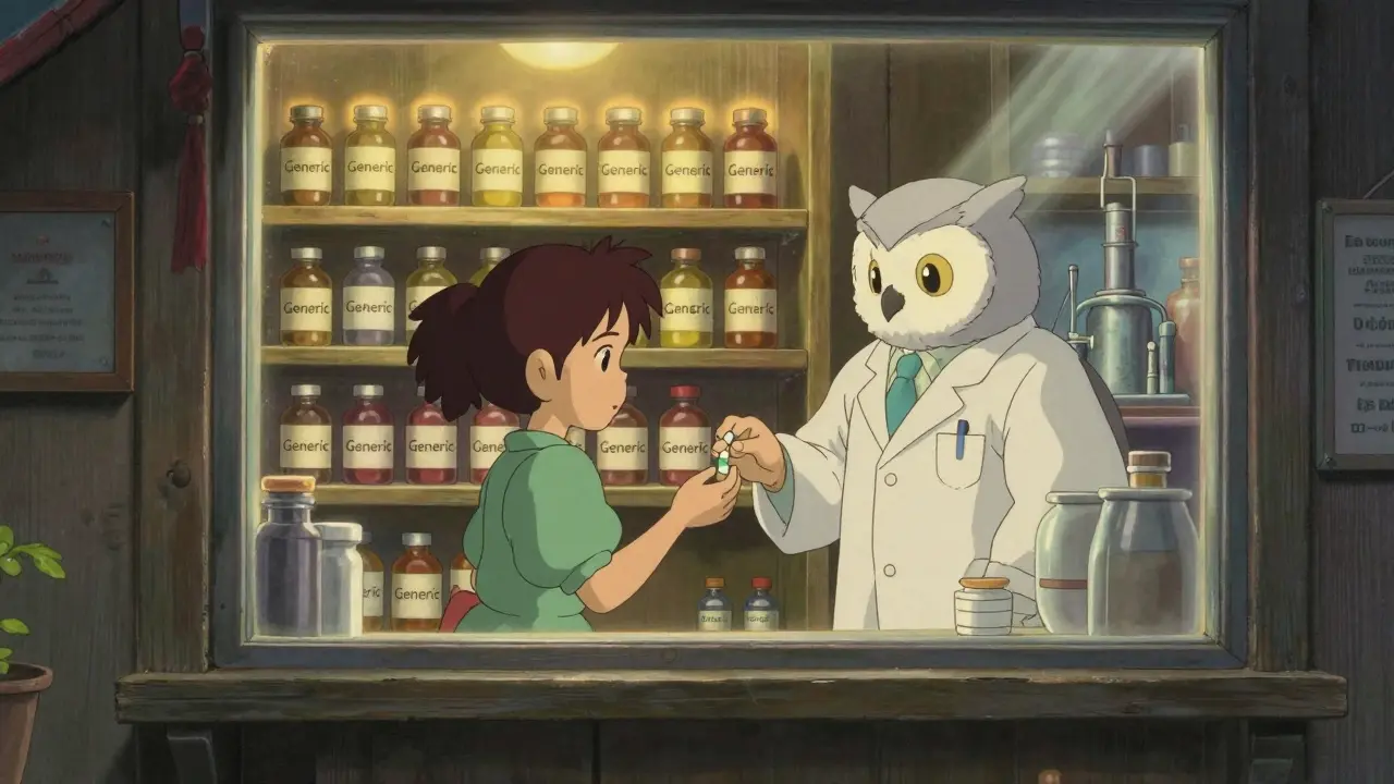 A young girl receives a generic pill from an owl pharmacist, surrounded by glowing medicine bottles in a cozy, peaceful village pharmacy.