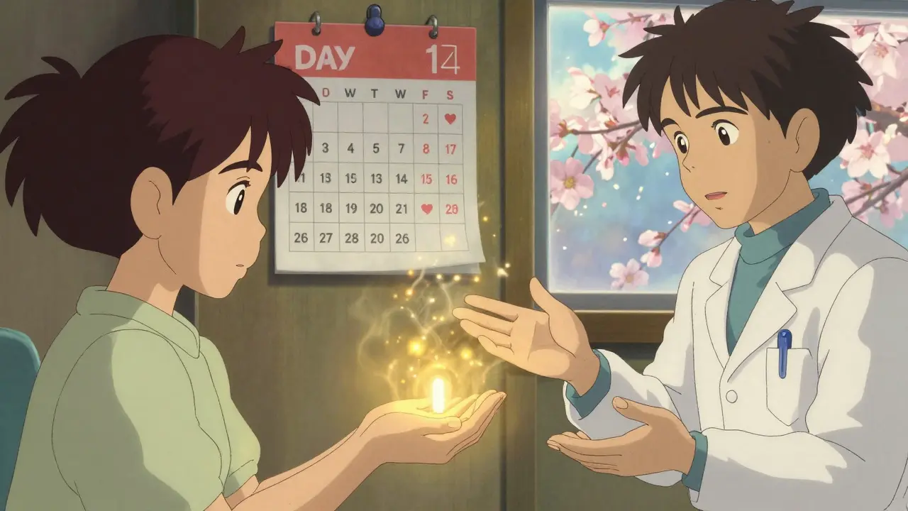 A young patient taking oral aspirin as golden mist wraps around them, with a calendar marking daily progress and cherry blossoms outside.