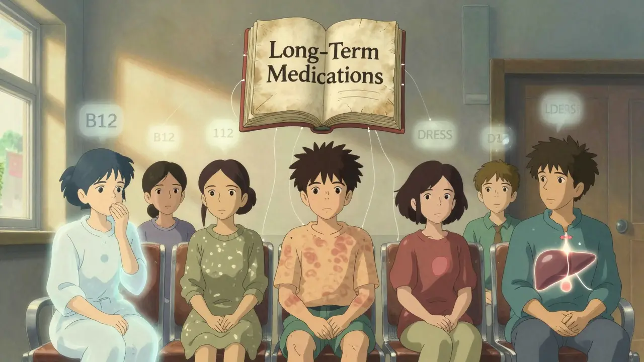 Diverse patients in a clinic each surrounded by subtle visual signs of their delayed medication side effects.