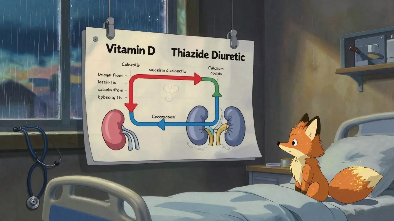 Floating medical chart showing calcium pathways blocked by a diuretic, with a fox-spirit watching quietly.