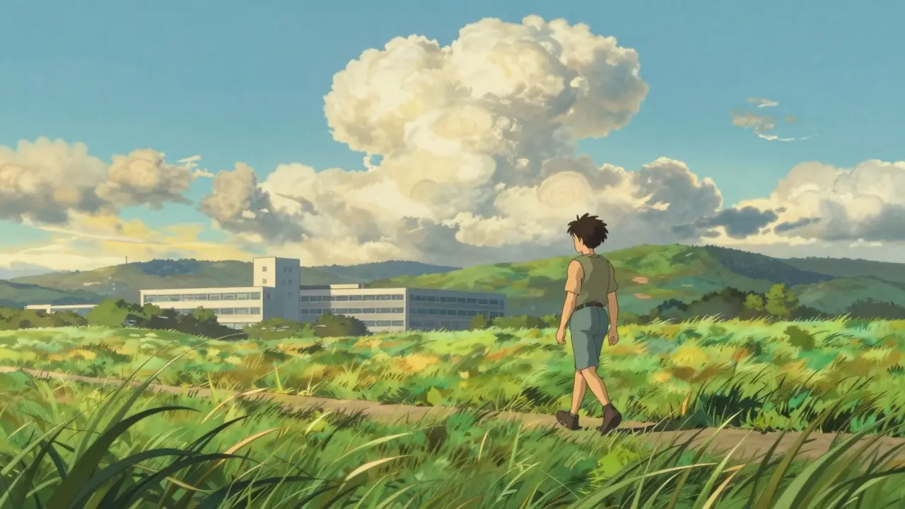 Healthy patient standing in a green park with a hospital in distance