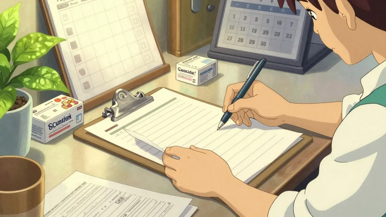 Individual organizing medical notes and documents at a desk.