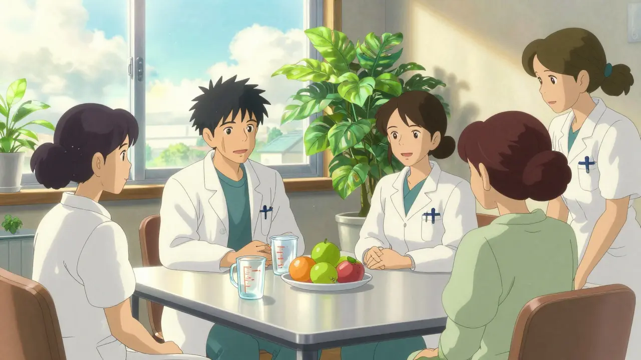 Medical team consulting with patient over food plans in a sunny clinic room