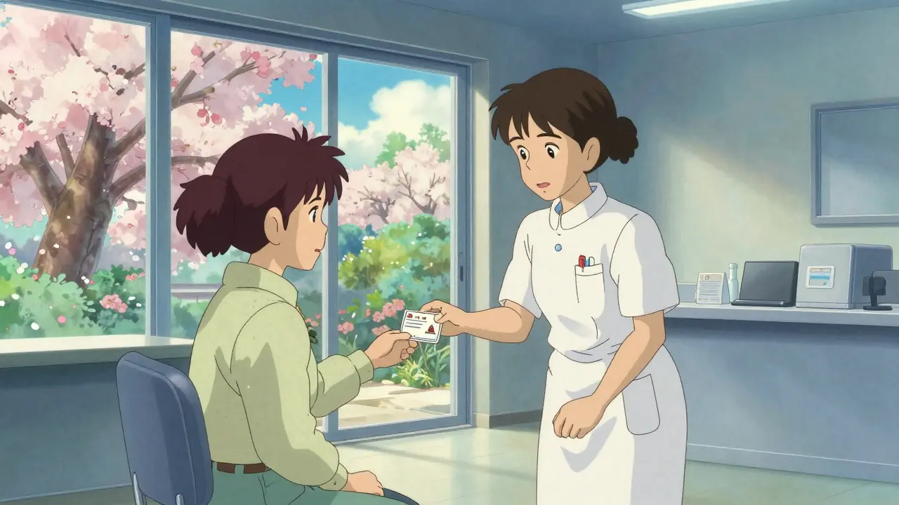 Nurse giving allergy card to patient in bright clinic