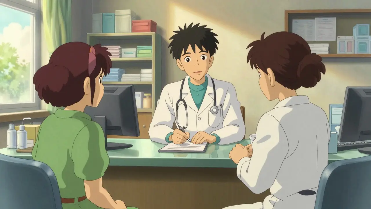 Patient consulting with a healthcare worker in a sunny clinic.