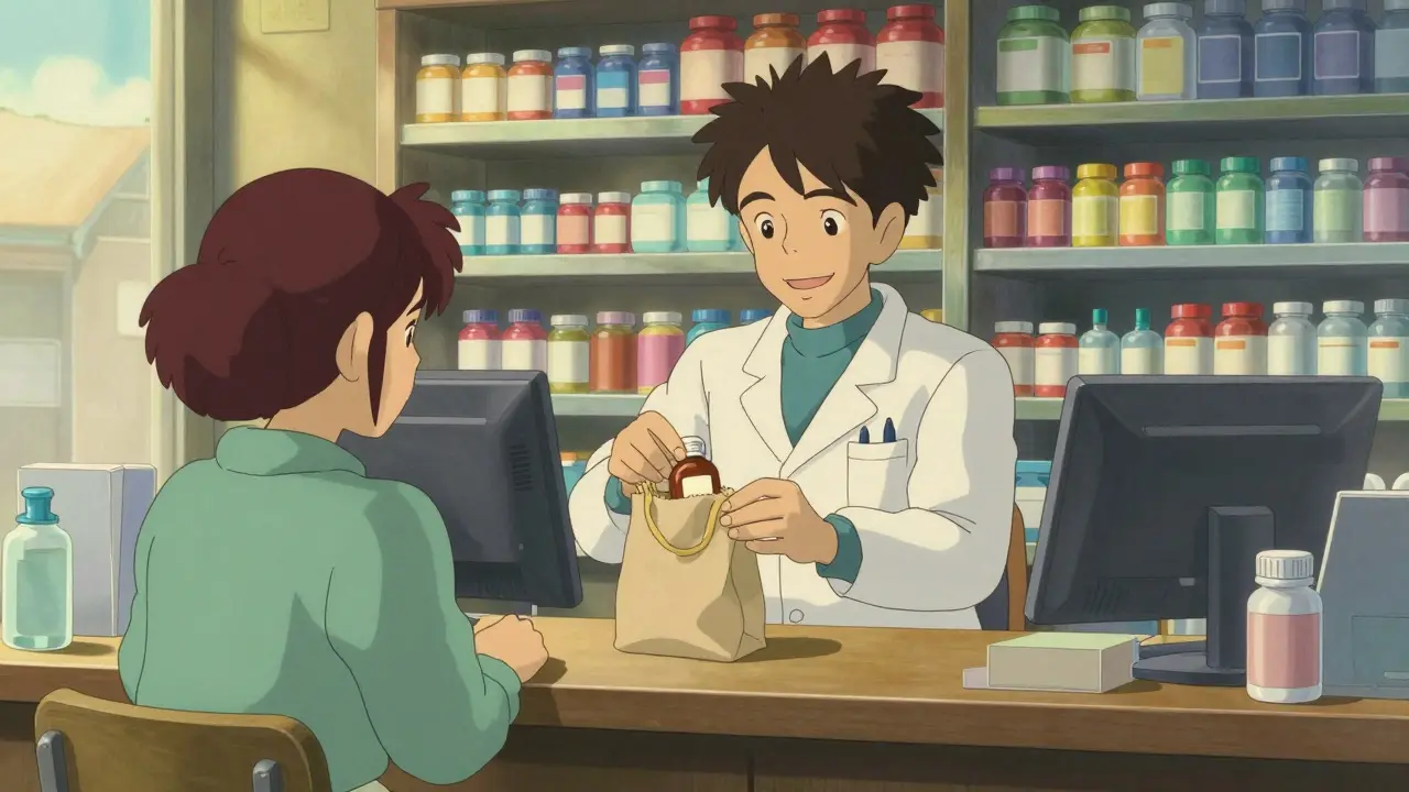 Pharmacist handing medicine to happy customer in shop