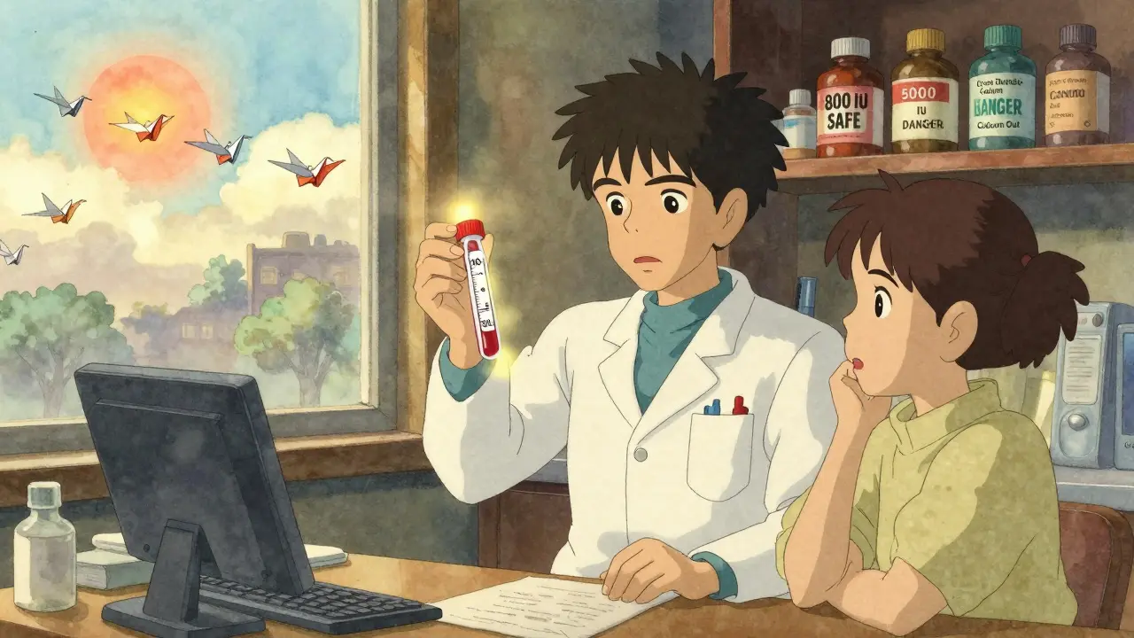 Pharmacist showing a blood test with high calcium levels, labeled supplement bottles in background.