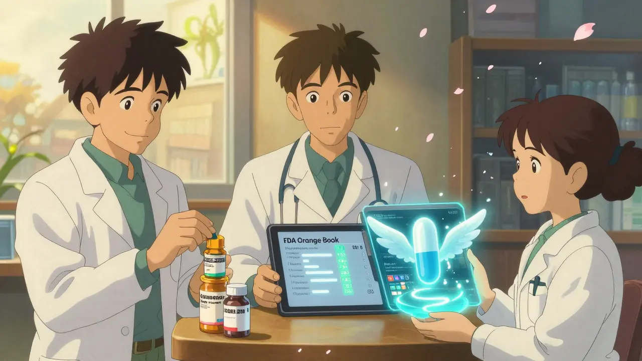 Three clinical scenes show pharmacists, doctors, and students engaging with generic drug education in soft Ghibli-style lighting.