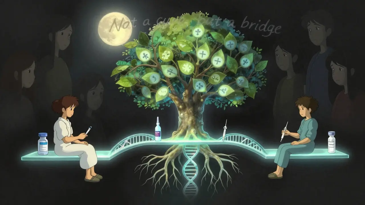 Three patients connected by glowing bridges to a tree shaped like DNA, symbolizing temporary drug tolerance under medical care.