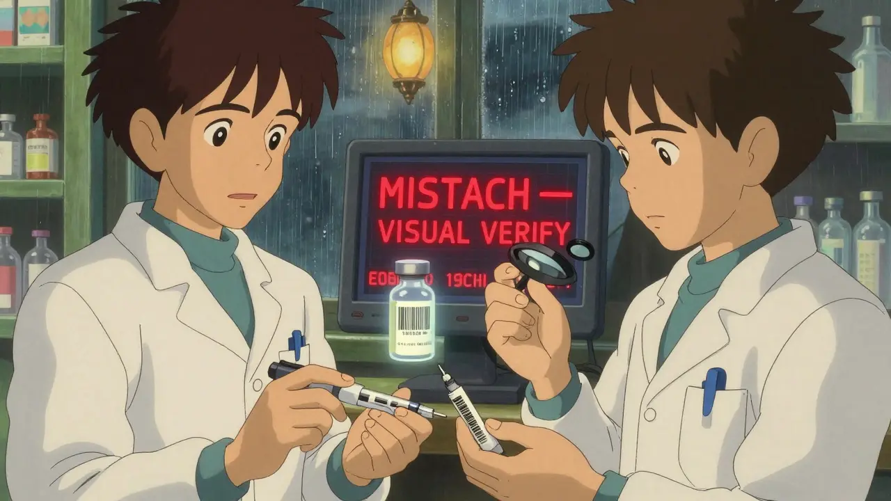 Two pharmacists examine a vial with a smudged barcode under a lamp, while a digital warning glows on a screen behind them.
