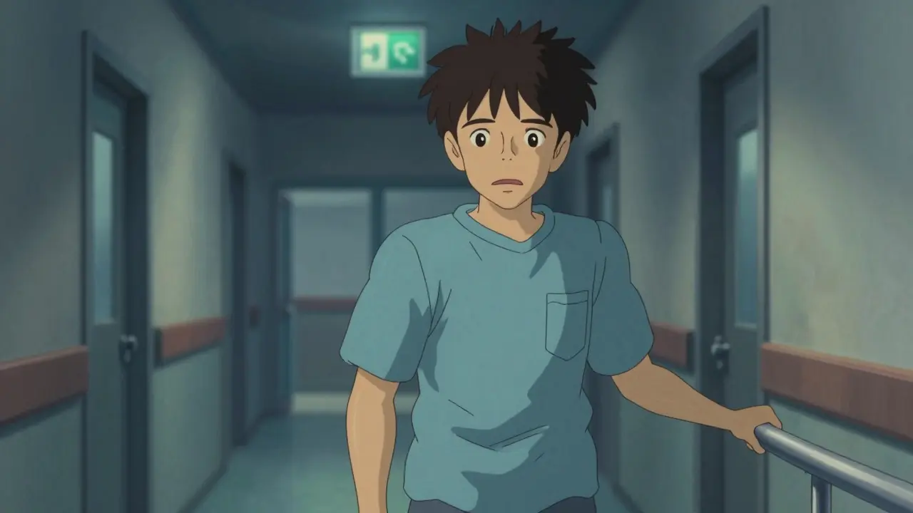 Unsteady patient holding hospital railing with wavy visual effects suggesting instability