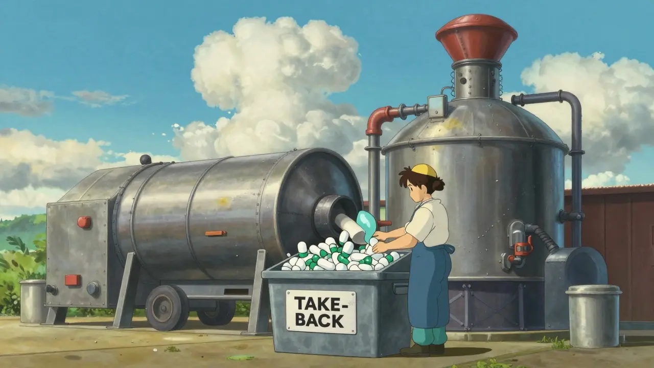 A clean pharmaceutical incineration facility under a bright blue sky with fluffy clouds.