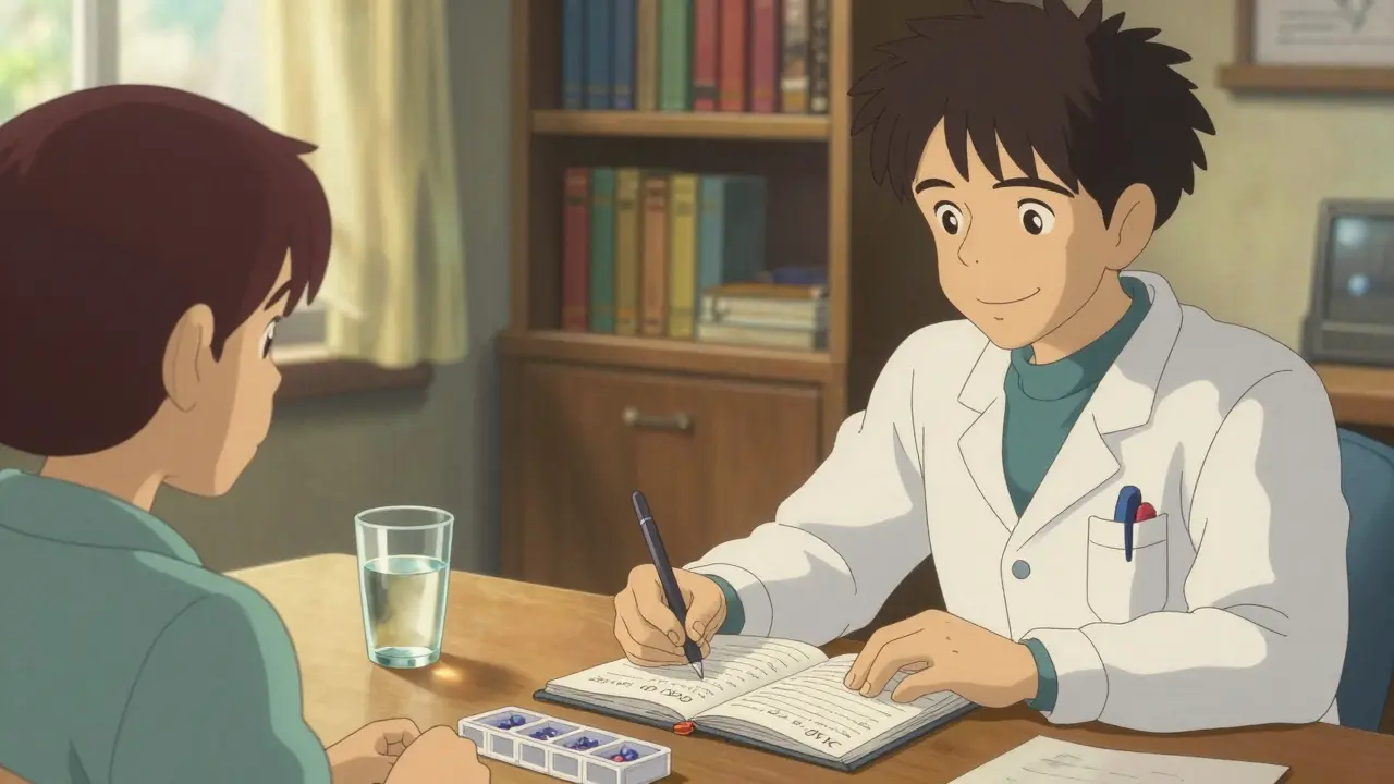 A patient and a doctor discussing a mood diary in a cozy, sunlit office.