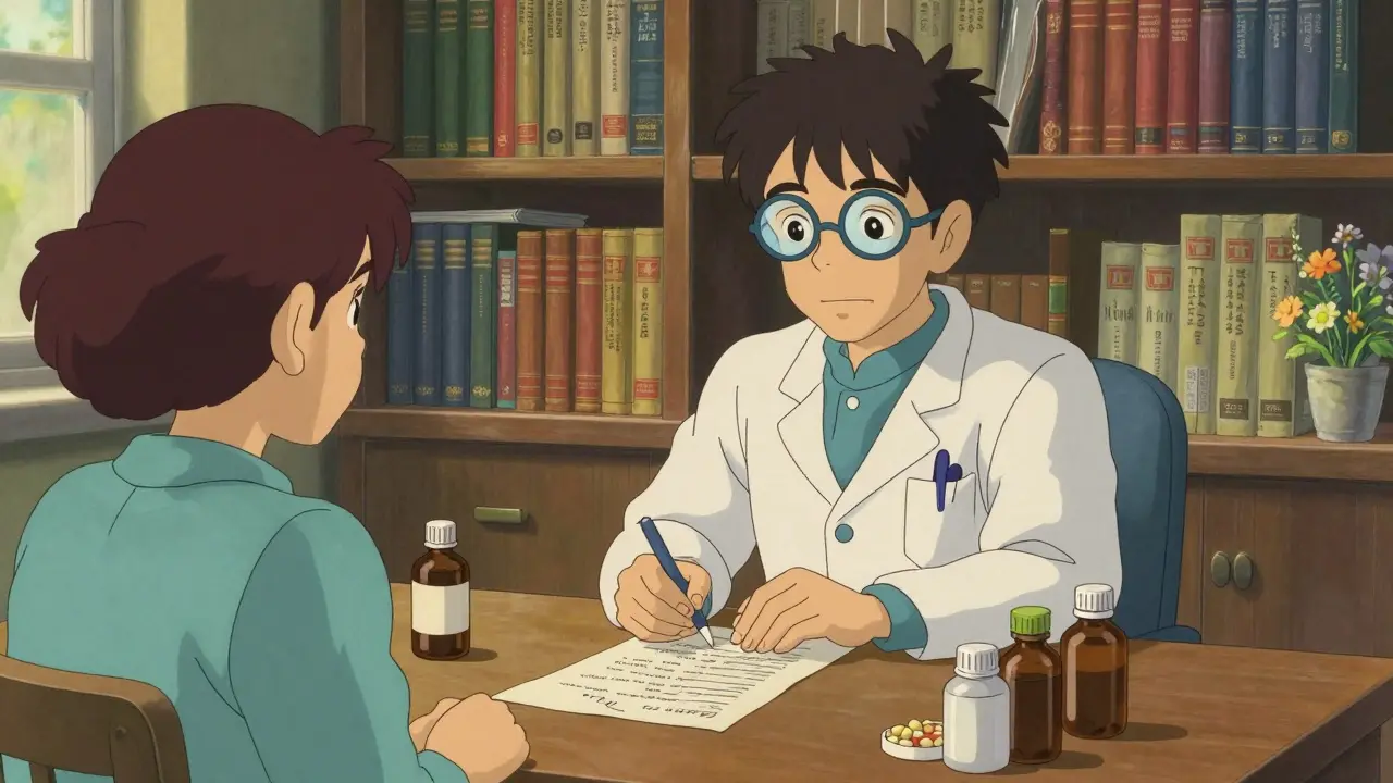 A patient and doctor discussing a list of supplements in a bright office, Studio Ghibli style.