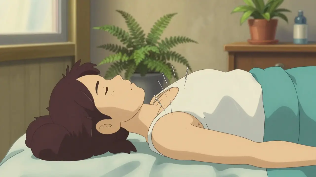 A peaceful acupuncture session in a serene clinic, Studio Ghibli style.