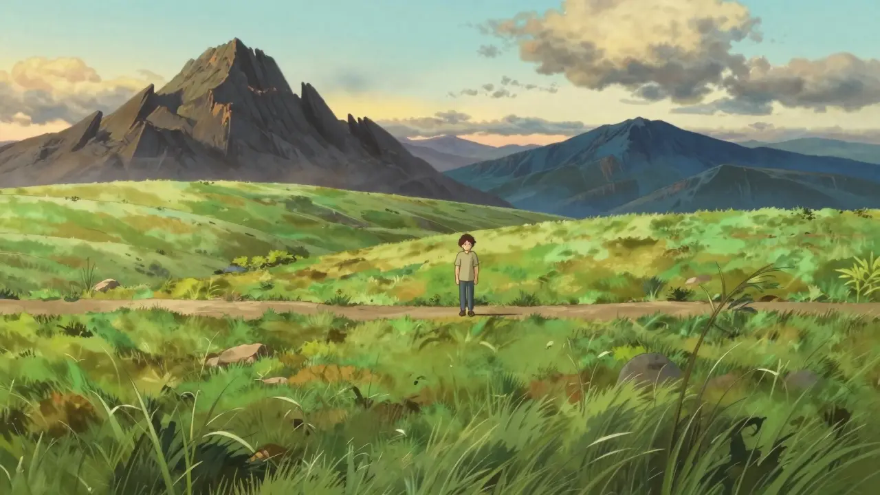 A peaceful green landscape with a steady path between distant high peaks and deep valleys.