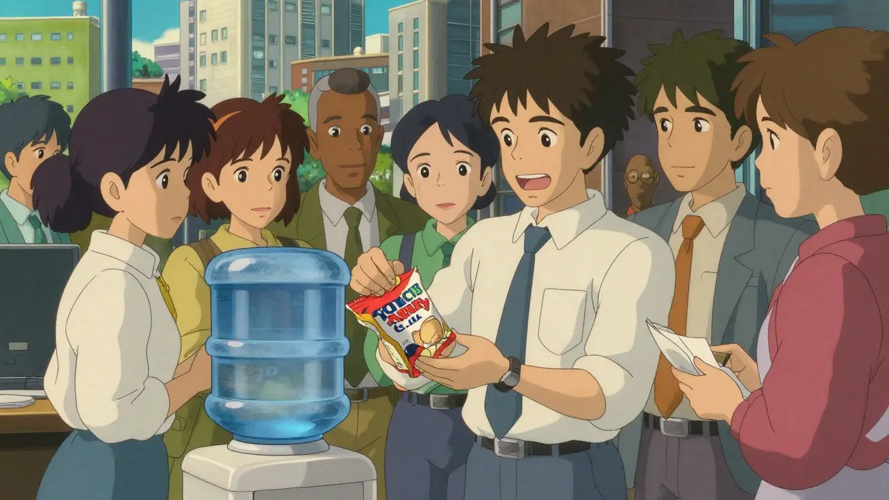 Colleagues in an office sharing a generic brand snack in Ghibli style.