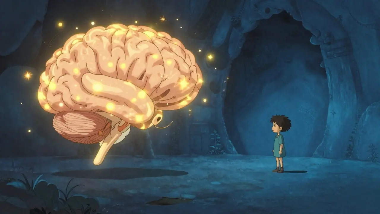 Conceptual Ghibli art showing the brain's reward and stress centers.