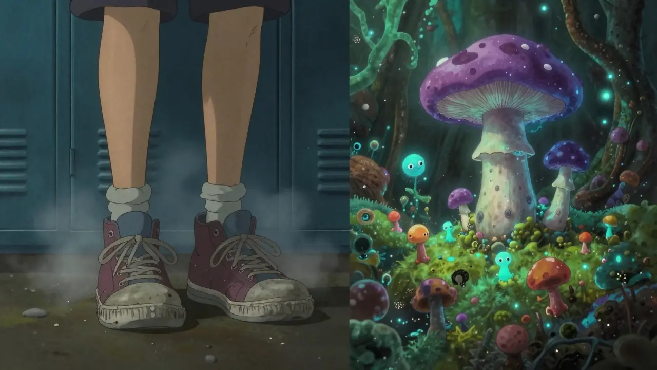 Conceptual view of fungi spores inside a damp sneaker environment