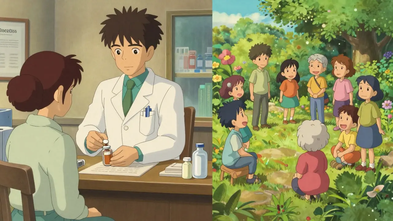 Contrast between a formal medical office and a friendly outdoor community gathering.