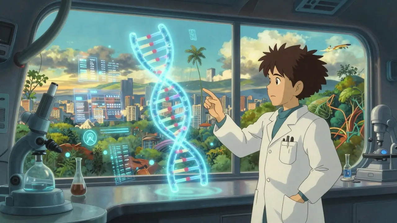 Futuristic Ghibli-style lab with holographic DNA representing AI and genetic kidney screening.