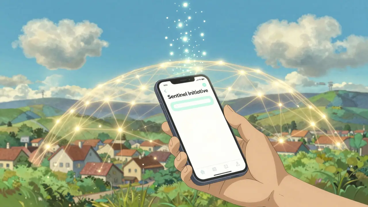 Person using a mobile app to contribute health data to a glowing protective safety net.