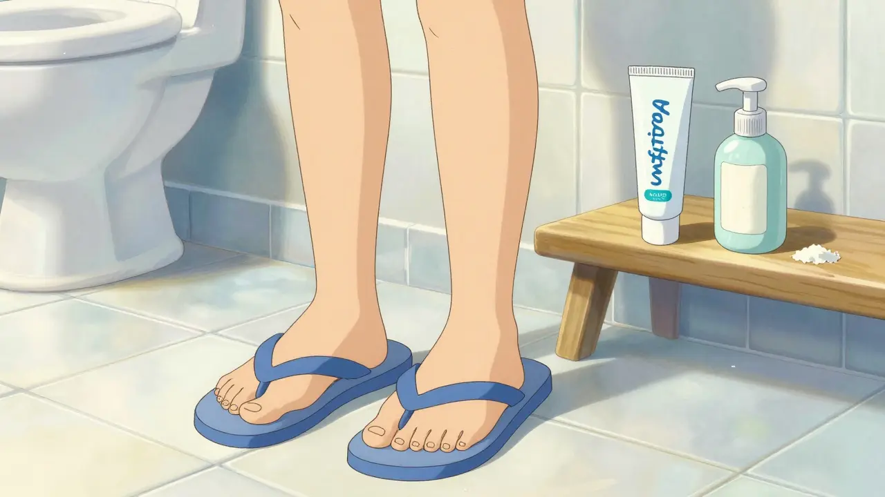 Person wearing flip-flops in a bright, clean bathroom with antifungal care products