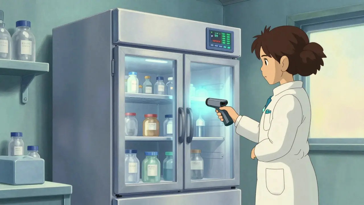 Pharmacist using a barcode scanner next to a medical refrigerator with a digital monitor.